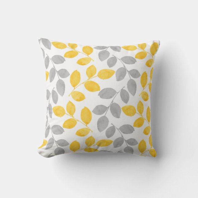 Coussin Aquarelle jaune et gris Feuilles (Recto)
