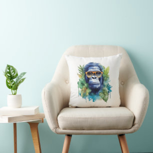 Coussin Aquarelle Jungle Gorilla avec lunettes de soleil e