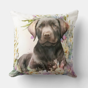 Coussin Aquarelle Labrador Retriever marron et fleurs