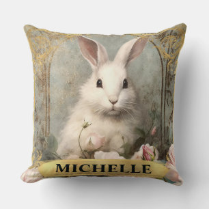 Coussin Aquarelle Lapin Blanc Vintage et Roses Roses