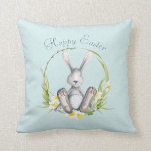 Coussin Aquarelle Lapin de Pâques en Fleur Wreath Pastel T