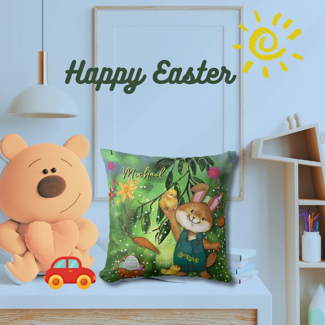 Coussin Aquarelle Lapin et poulets de Pâques (Watercolor Easter Bunny & chickens Throw Pillow)