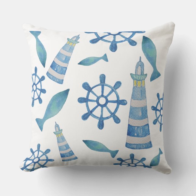 Coussin Aquarelle Lighthouse Beach Peinte à la main (Recto)