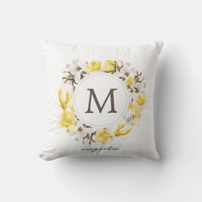 Coussin Aquarelle Magnolia jaune Monogramme de couronne (Recto)