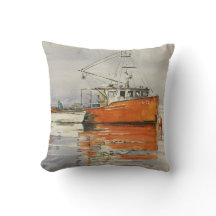 Aquarelle Maine Bateau de pêche Océan Orange Grey