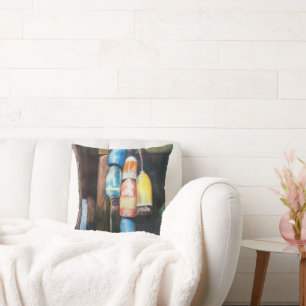 Coussin Aquarelle Maine Homard Bouée Côtier Bleu Jaune