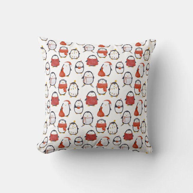 Coussin Aquarelle mignonne Festive Pingouins Motif Noël (Recto)