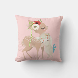 Coussin Aquarelle mignonne Lapin Lapin De Cerf Floral Pâ