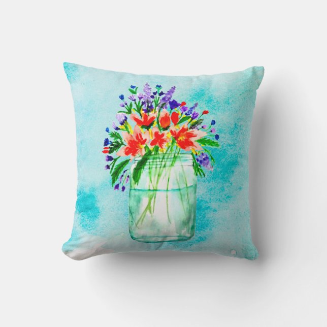 Coussin Aquarelle mignonne Mason Jar Peach Purple Fleurs (Recto)