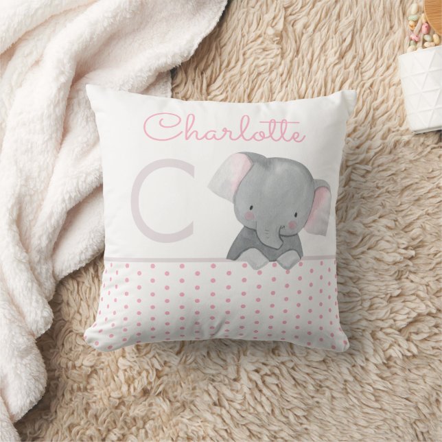 Coussin Aquarelle mignonne Monogramme éléphant bébé fille (Couverture)