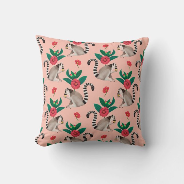 Coussin Aquarelle mignonne Pink Lemur Animal motif floral (Recto)