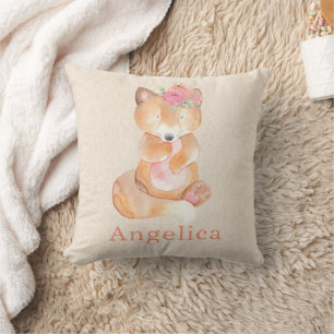 Coussin Aquarelle Mignonne Renard Bébé Avec Fleurs
