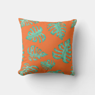 Coussin Aquarelle Monstera Feuilles sur Orange