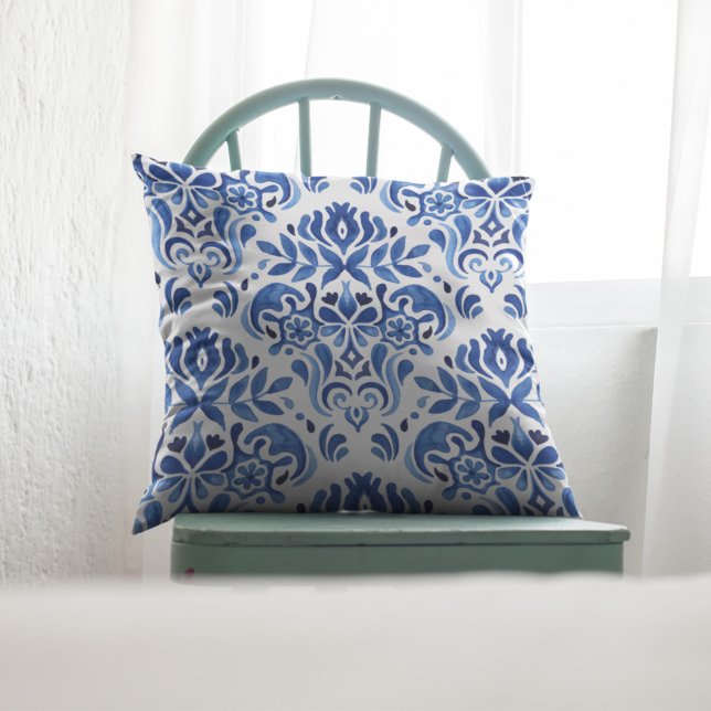 Coussin Aquarelle Motif Carreaux bleu et blanc (Créateur téléchargé)