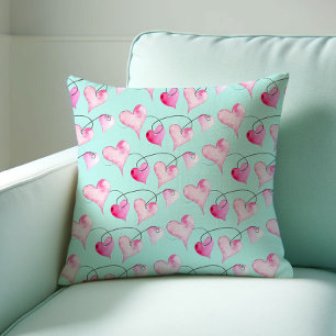 Coussin Aquarelle Motif Coeurs roses