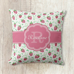 Coussin Aquarelle Motif fraise avec Monogramme