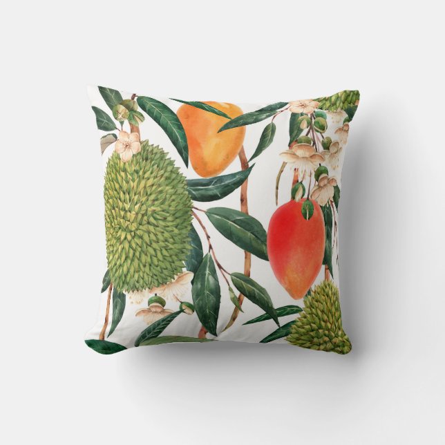Coussin Aquarelle motif tropical, fruit durian, mangue (Recto)