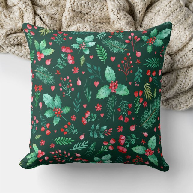 Coussin Aquarelle Noël Holly Red Berries Floral (Watercolor Christmas Holly with Winter Botanicals Throw Pillow)