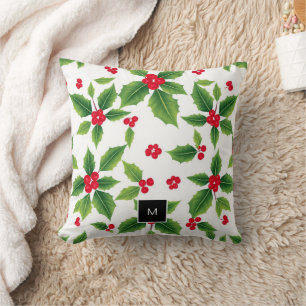 Coussin Aquarelle noël sainte baies monogrammée