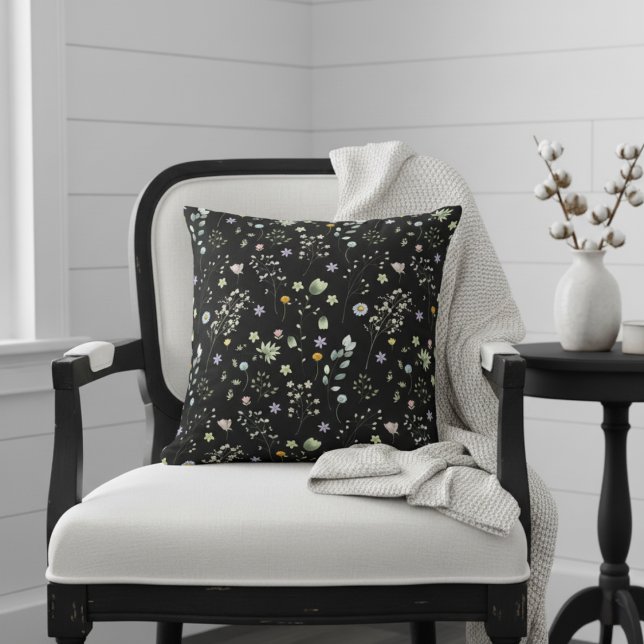 Coussin Aquarelle noir Boho motif floral (Créateur téléchargé)