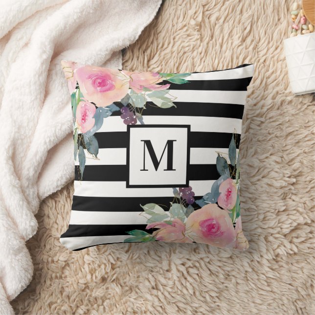 Coussin Aquarelle noire blanche rayée rose Monogramme flor (Couverture)