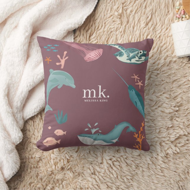 Coussin Aquarelle Océan Animaux de mer Monogramme Dusty ro (Couverture)