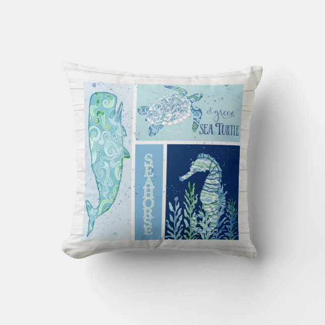 Coussin Aquarelle Océan Tortue de mer Baleine de mer Bois (Recto)