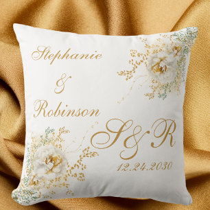 Coussin Aquarelle or blanc Floral Mariage Monogramme