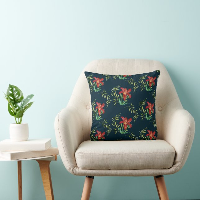 Coussin Aquarelle Orange Lily Illustration Turquoise foncé (Chaise)