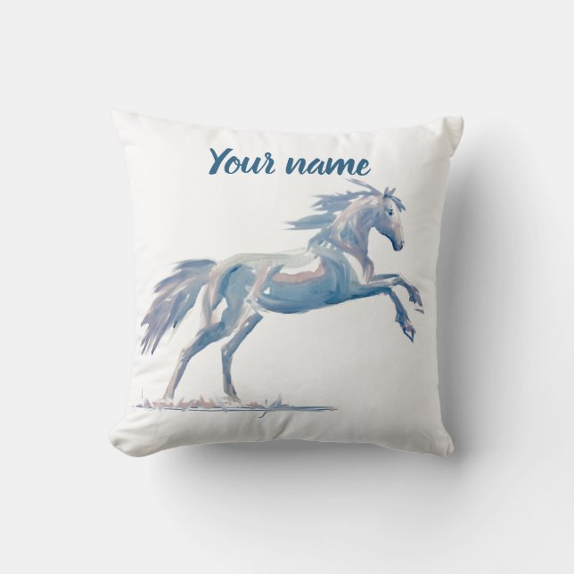 Coussin Aquarelle originale élevant le cheval bleu et rose (Recto)