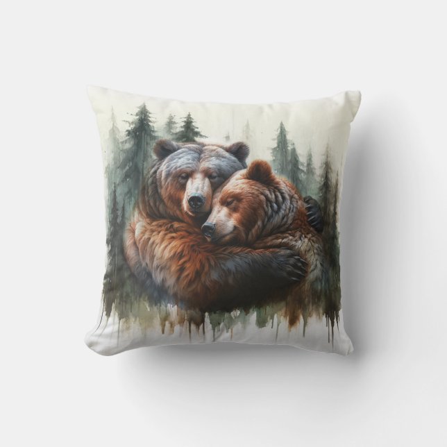 Coussin Aquarelle Ours & Arbres Sauvage rustique (Recto)