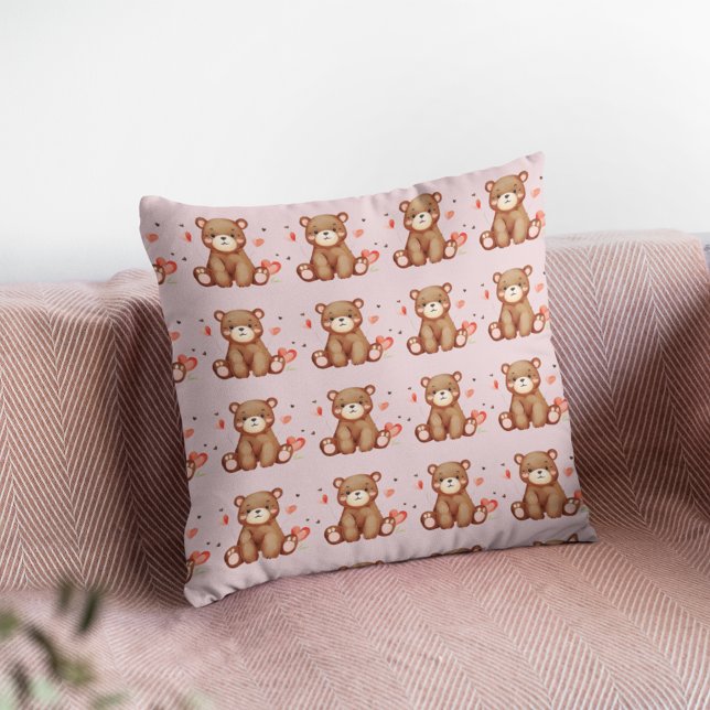 Coussin Aquarelle Ours Saint Valentin (Watercolor Bear Valentine's Day Cushion)