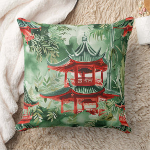 Coussin Aquarelle Pagode asiatique dans paysage verdoyant 