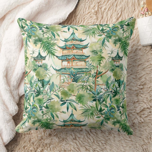 Coussin Aquarelle Pagode asiatique dans paysage verdoyant  (Couverture)