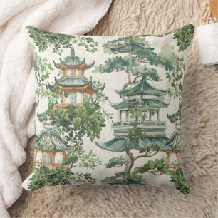 Coussin Aquarelle Pagode asiatique dans paysage verdoyant 