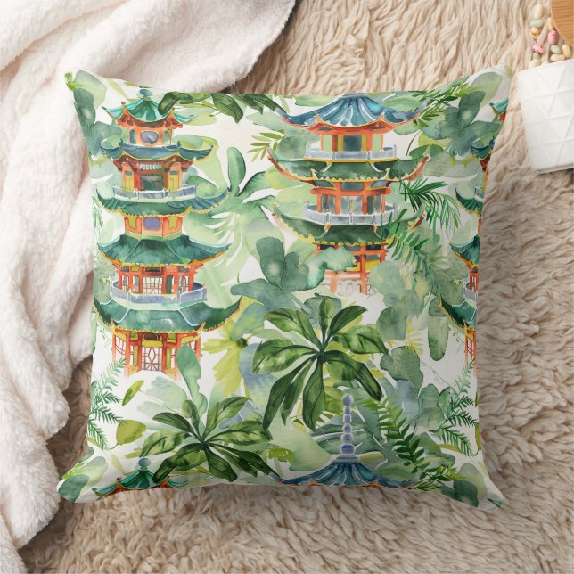 Coussin Aquarelle Pagode asiatique dans paysage verdoyant  (Couverture)