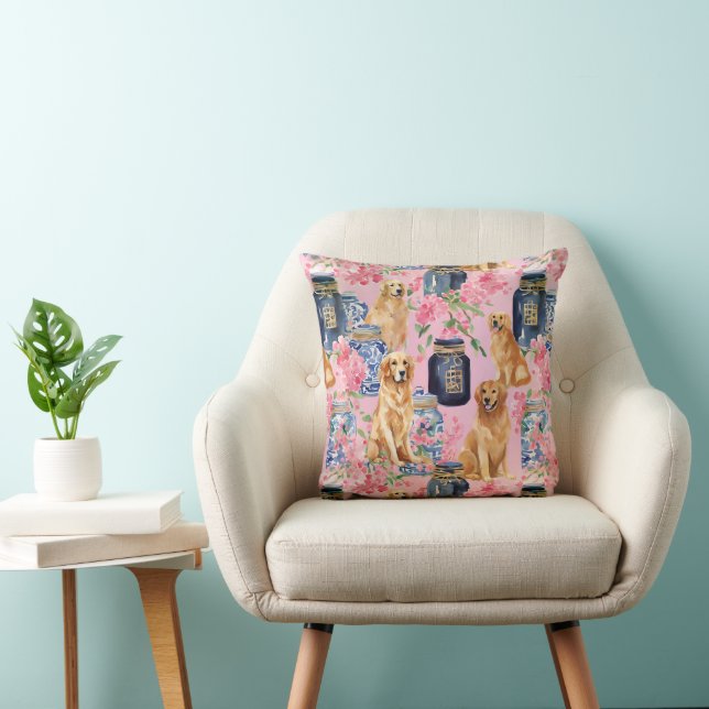 Coussin Aquarelle Palm Beach Golden Retrivers Ginger Jar (Chaise)