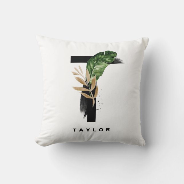 Coussin Aquarelle Palme Tropicale Lettre Feuille T Monogra (Recto)