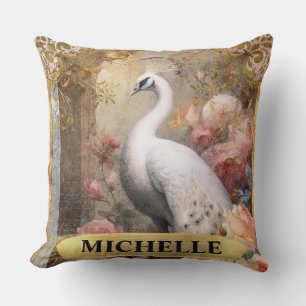 Coussin Aquarelle Paon blanc vintage et roses roses