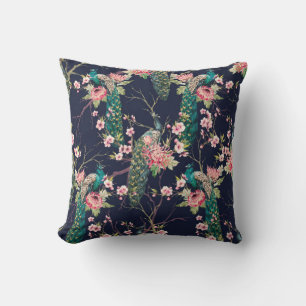 Coussin aquarelle paon motif sur une cerise d'arbre, fleur