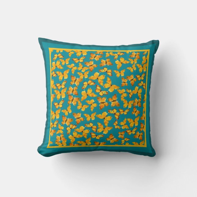 Coussin Aquarelle Papillons dorés sur Turquoise (Recto)