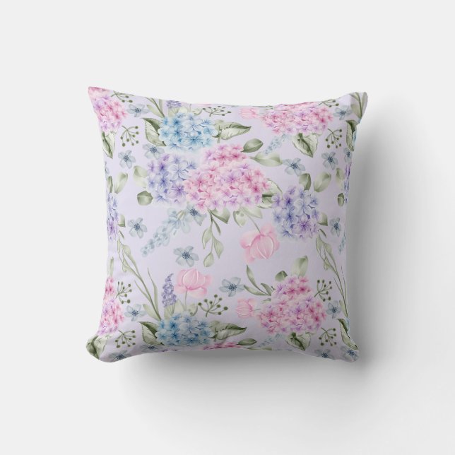 Coussin Aquarelle Pastel Couleur Mixte Fleurs d'Hydrangée (Recto)
