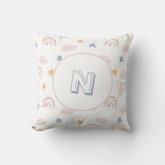 Coussin Aquarelle Pastel Rainbow Cloud Stars Monogramme (Recto)