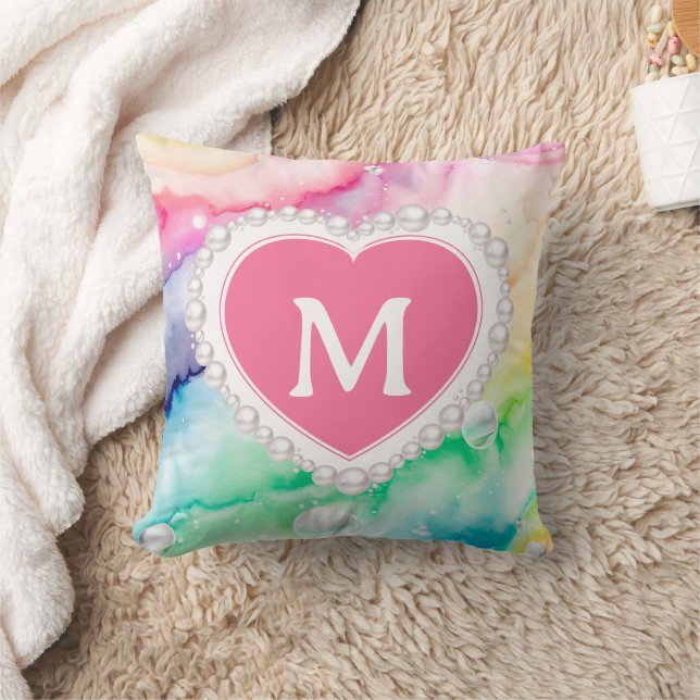 Coussin Aquarelle Pastel Rainbow Pearl Coeur Monogramme (Couverture)