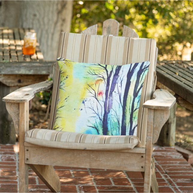 Coussin Aquarelle peinte à la main Forêt Soleil (Chaise)