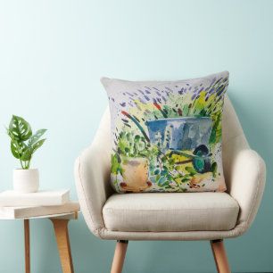 Coussin Aquarelle peinture, jardin d'été et Lawanda