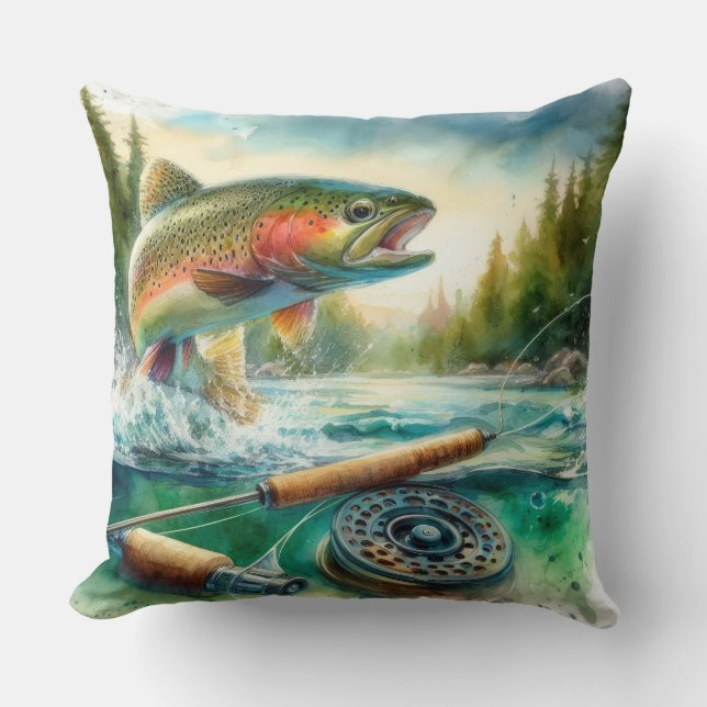 Coussin Aquarelle Peinture Truite Voler Pêche (Recto)