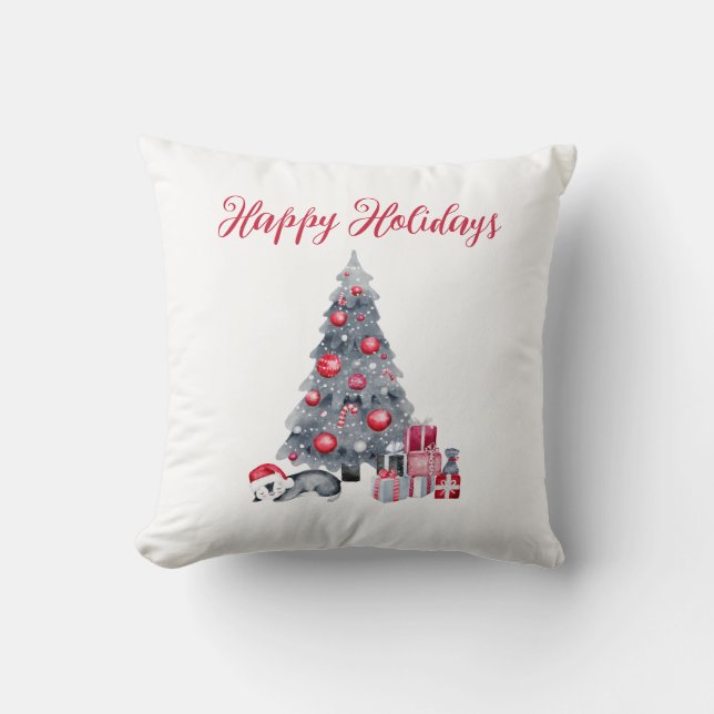 Coussin Aquarelle Penguin noir rouge Joyeux vacances (Recto)