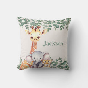 Coussin Aquarelle personnalisée Safari Jungle Nom de l'enf