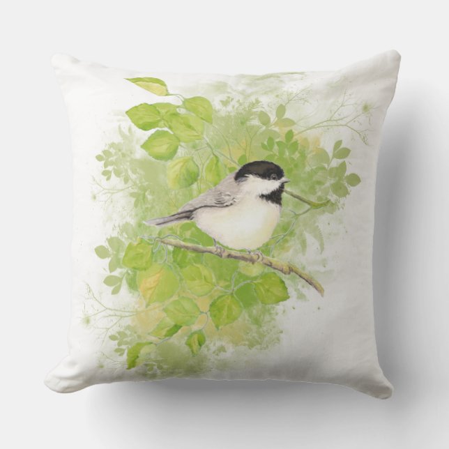 Coussin Aquarelle Pickadee Poplar Tree Oiseau Faune Art (Recto)